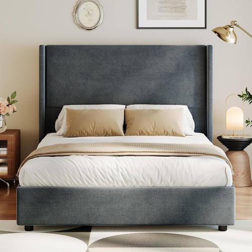 Grey queen bed - bed, linen